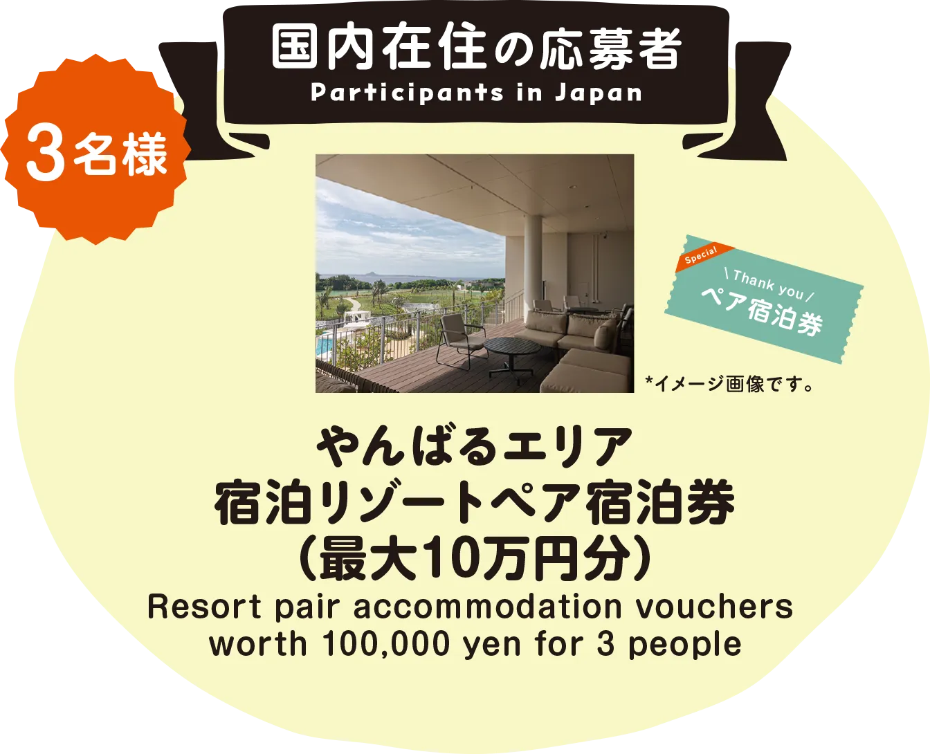 国内在住の応募者 participants in Japan. やんばるエリア宿泊リゾートペア宿泊券（最大10万円分）を3名様にプレゼント resort pair accommodation vouchers worth 100,000 yen for 3 people.
